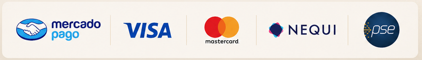 Aceptamos Mercado Pago, Visa, Mastercard, Nequi y PSE